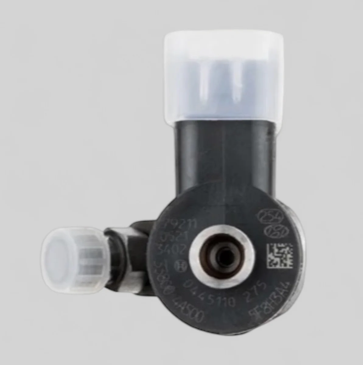 Close-up of Bosch 0445110 275 and Hyundai 4A500 part number markings on 0445110274 family injector