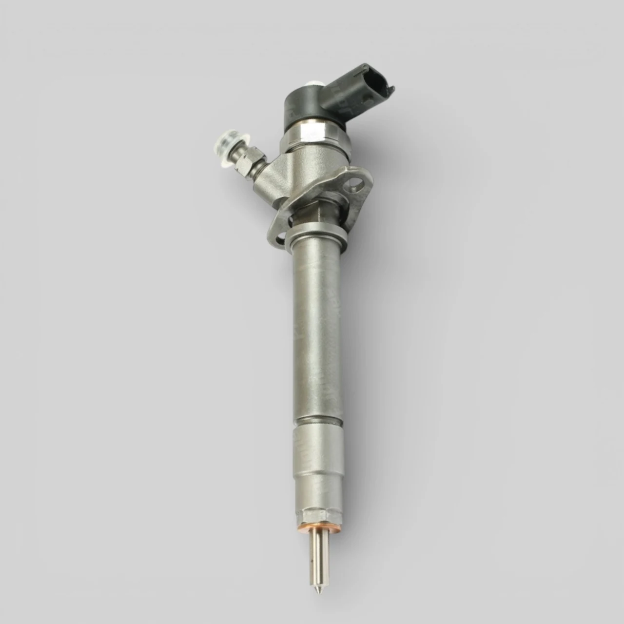 Bosch 0445110078 diesel injector standing full body view showing solenoid and nozzle tip