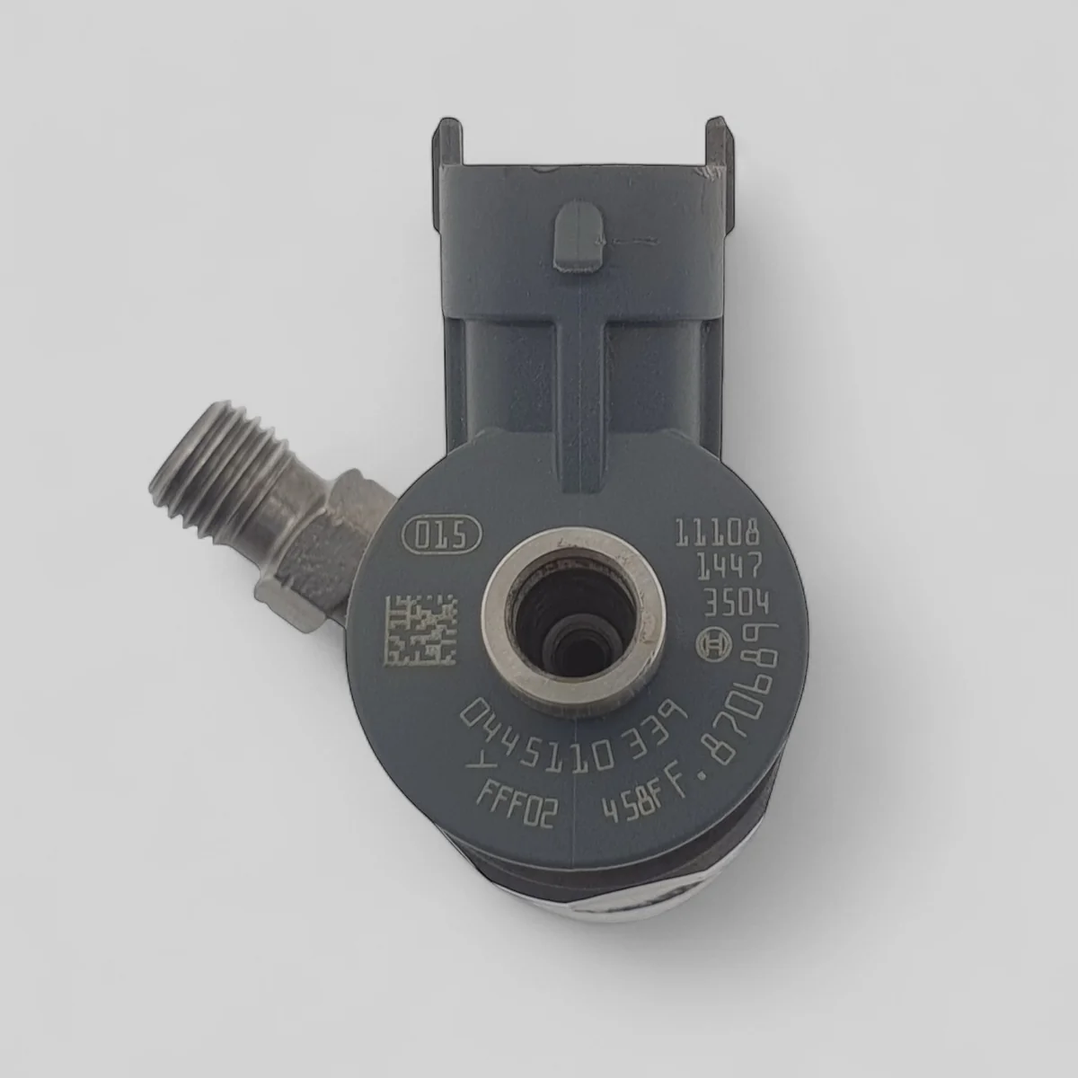 Bosch 0445110339 diesel injector laser etching close-up showing Bosch part number