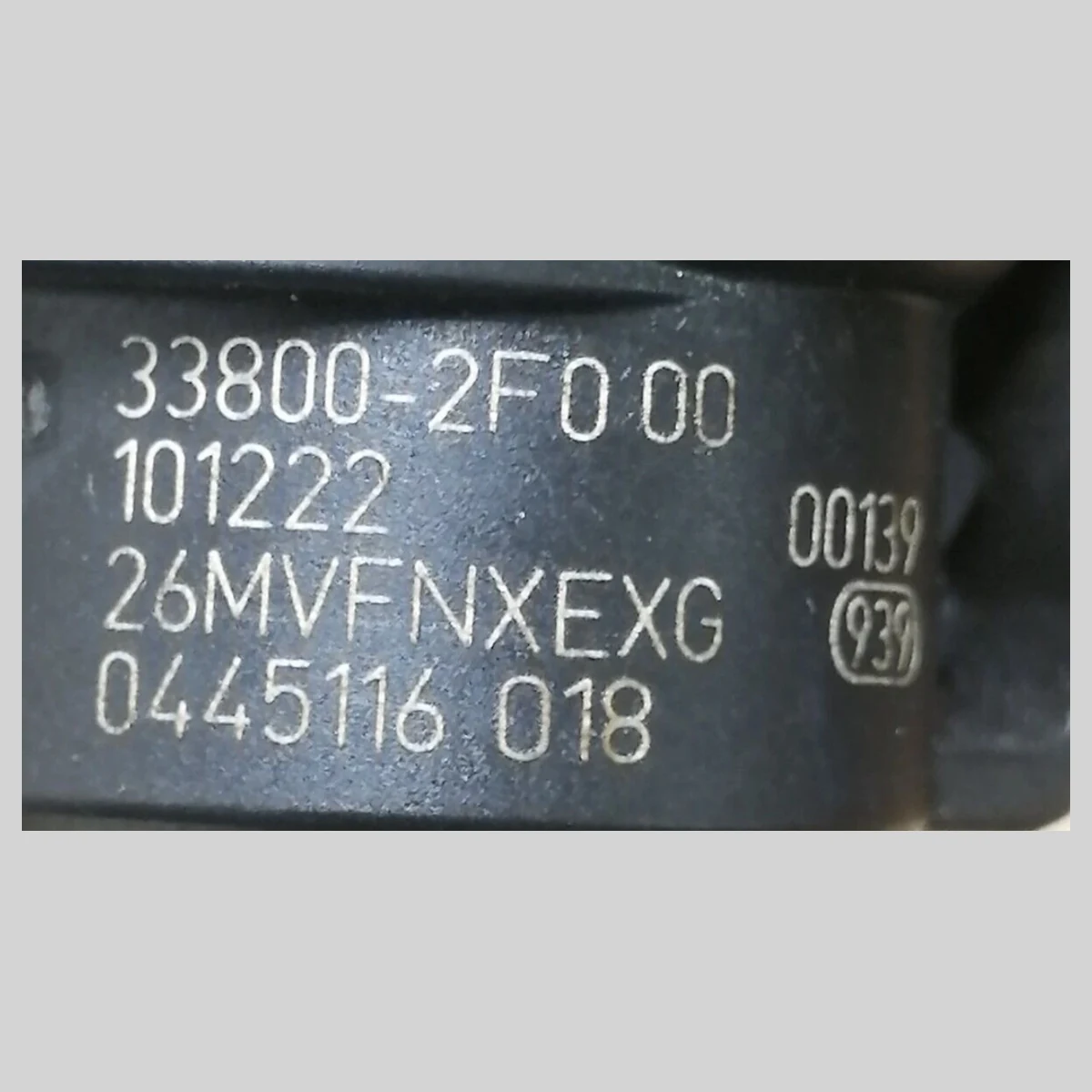 Bosch 0445116017 diesel injector part-number close-up (33800-2F000 / 0445116018)
