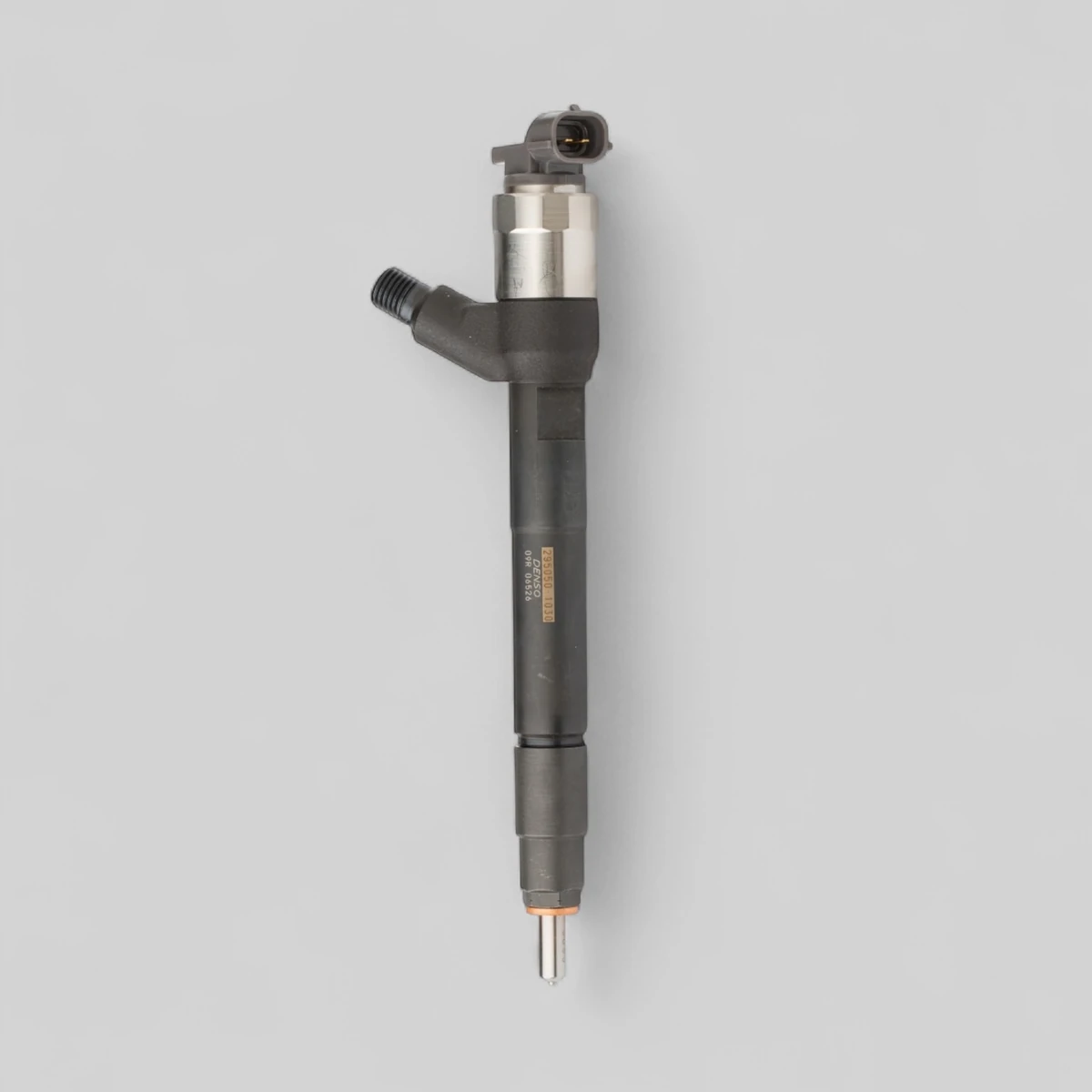 Remanufactured Denso DCRI301030 diesel injector — standing side view